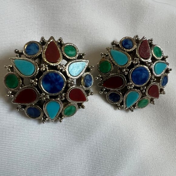 Signed Art Vintage Rainbow Enamel Gold Tone Starburst Estate Clip On Earrings - Picture 4 of 10